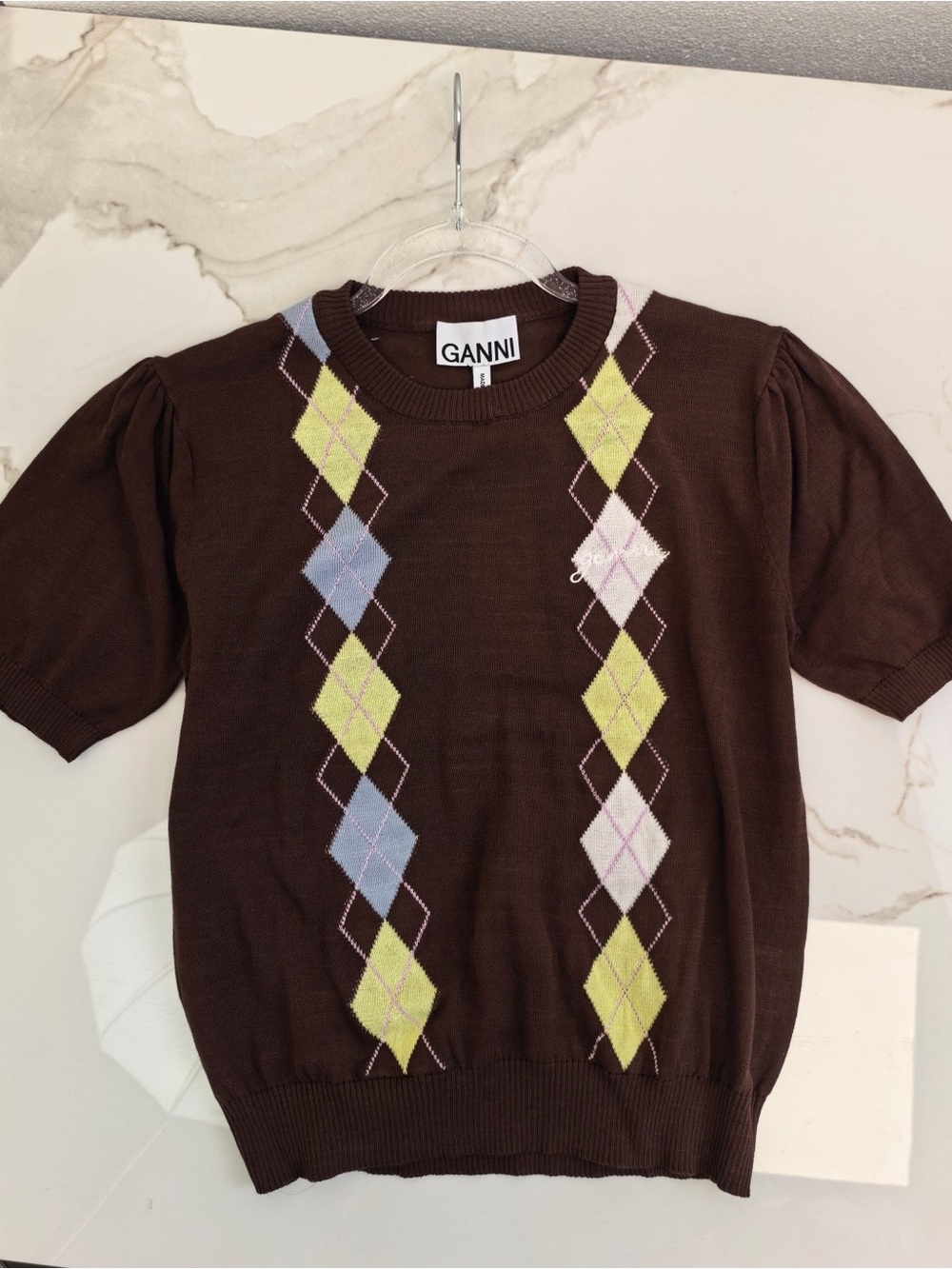 Ganni Brown Argyle Short Sleeve Knit Top